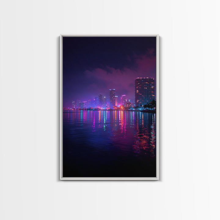 Miami City Lights Neon Reflection At Night Urban Wall Art Modern Canvas Print For Office Decor And Living Room
