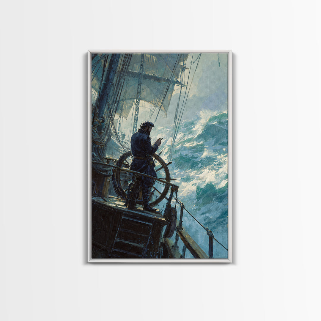 Stormy Sailor At Ship Wheel Large Canvas Print, Nautical Seascape Wall Art, Ocean Painting, Coastal Decor For Living Room
