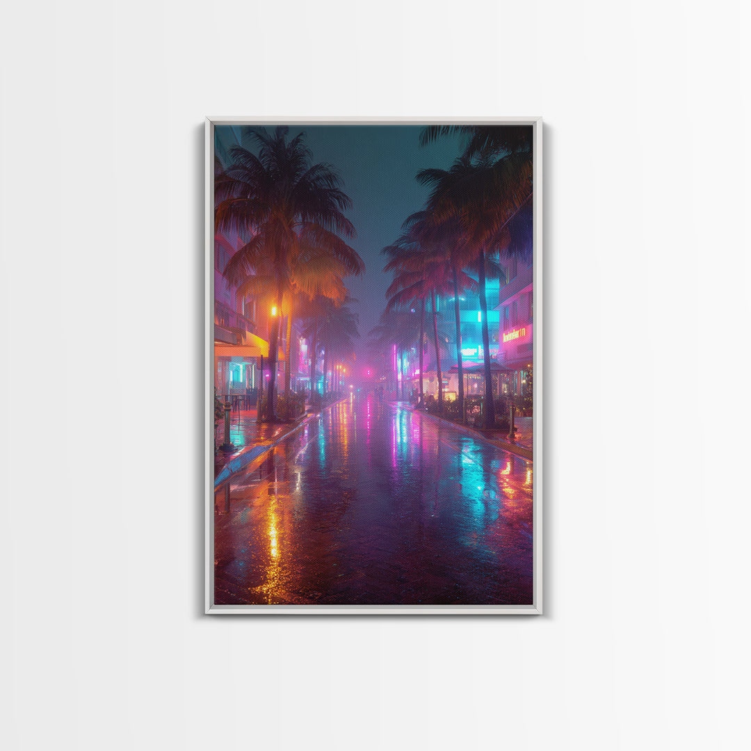 Wet Neon City Street At Night Rainfall Reflection Wall Art Modern Canvas Print For Bedroom And Living Room Decor