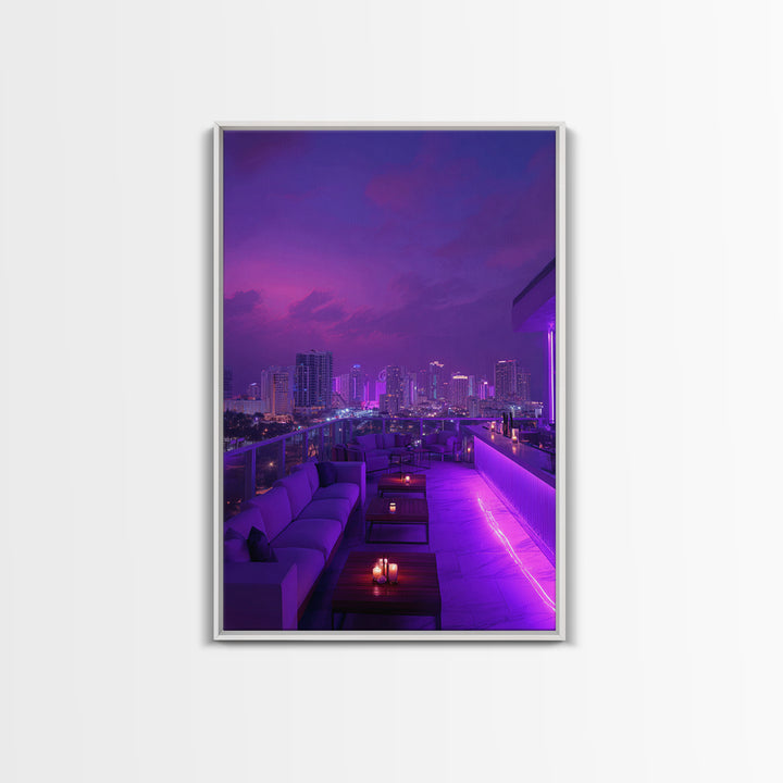 Modern City Nightscape With Vibrant Purple Neon Lights Wall Art Canvas Print Trendy Home Décor For Living Room