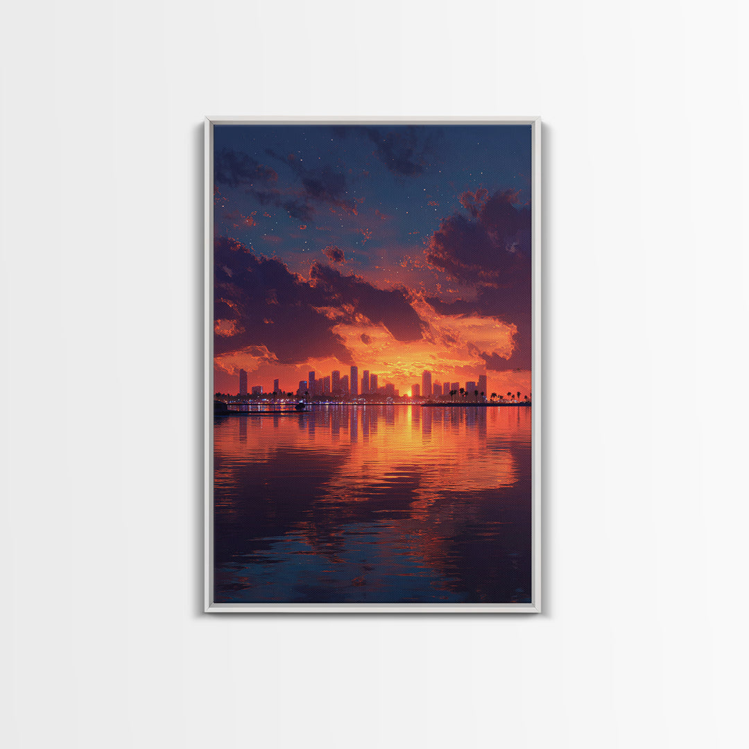 Stunning City Skyline Sunset Landscape Reflection Wall Art Canvas Print For Modern Home Decor