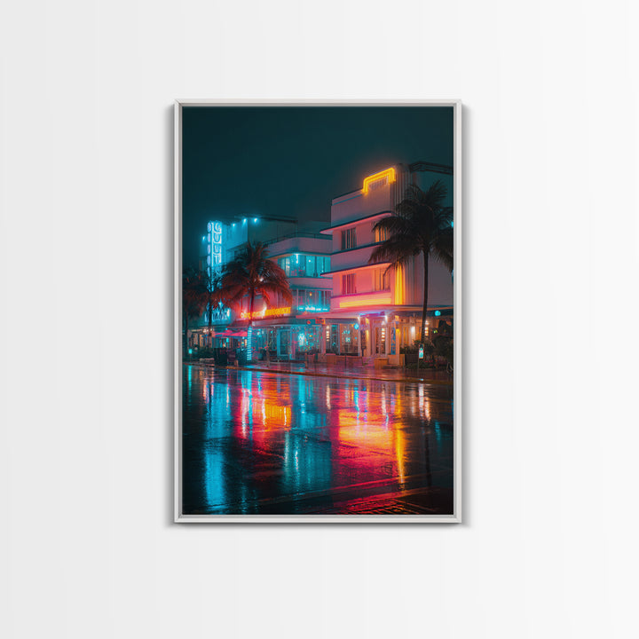 Neon City Night Scene With Palm Trees And Vibrant Lights Ultra Modern Wall Art Framed Canvas Print For Urban Home Decor