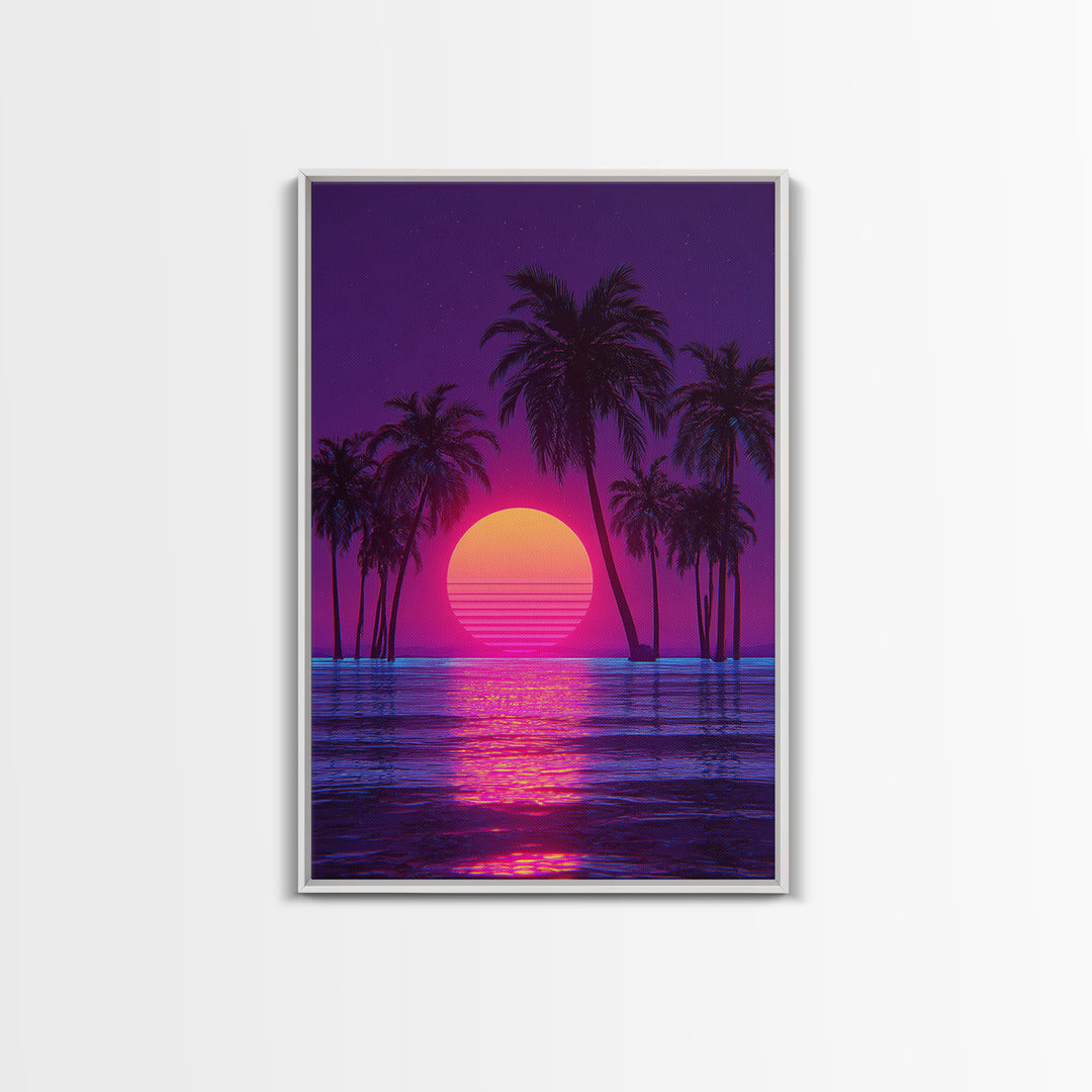 Vivid Neon Sunset With Palm Trees And Reflective Waterfall Retro Futuristic Landscape Wall Art Canvas Print
