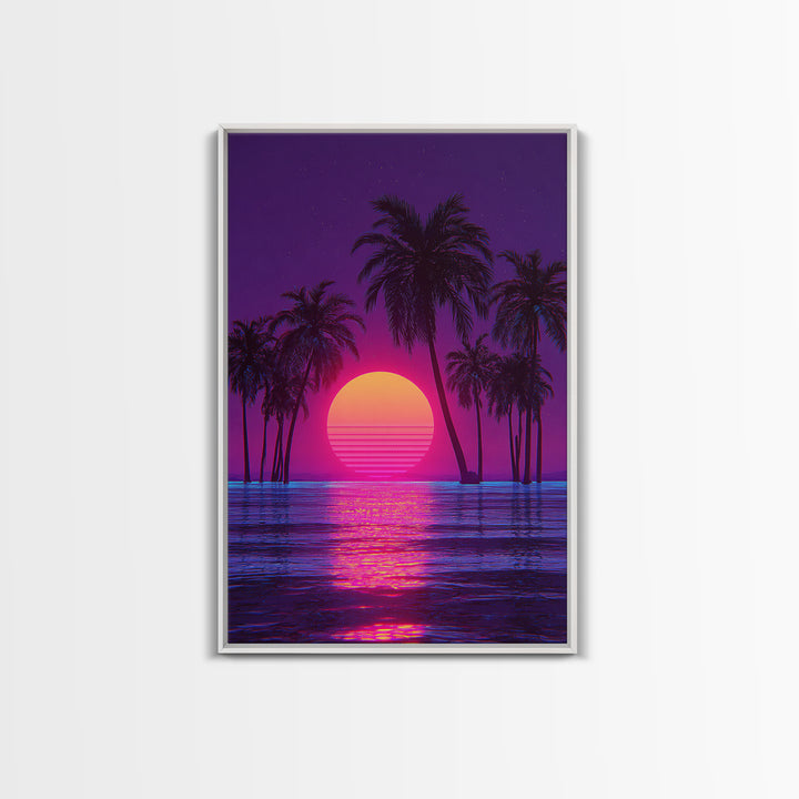 Vivid Neon Sunset With Palm Trees And Reflective Waterfall Retro Futuristic Landscape Wall Art Canvas Print