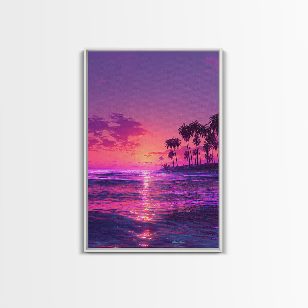 Vibrant Neon Pink And Purple Tropical Sunset With Palm Trees Coastal Wall Art Canvas Print For Modern Beach Decor