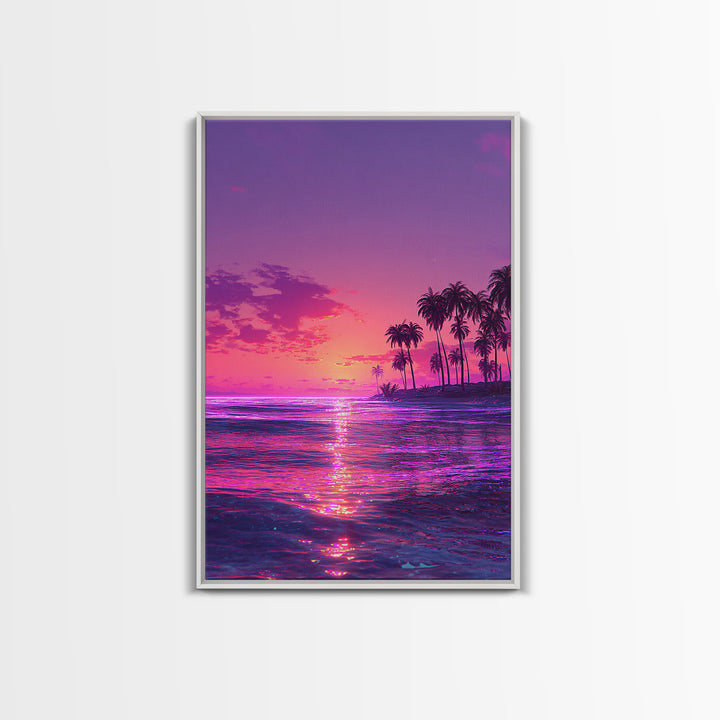 Vibrant Neon Pink And Purple Tropical Sunset With Palm Trees Coastal Wall Art Canvas Print For Modern Beach Decor