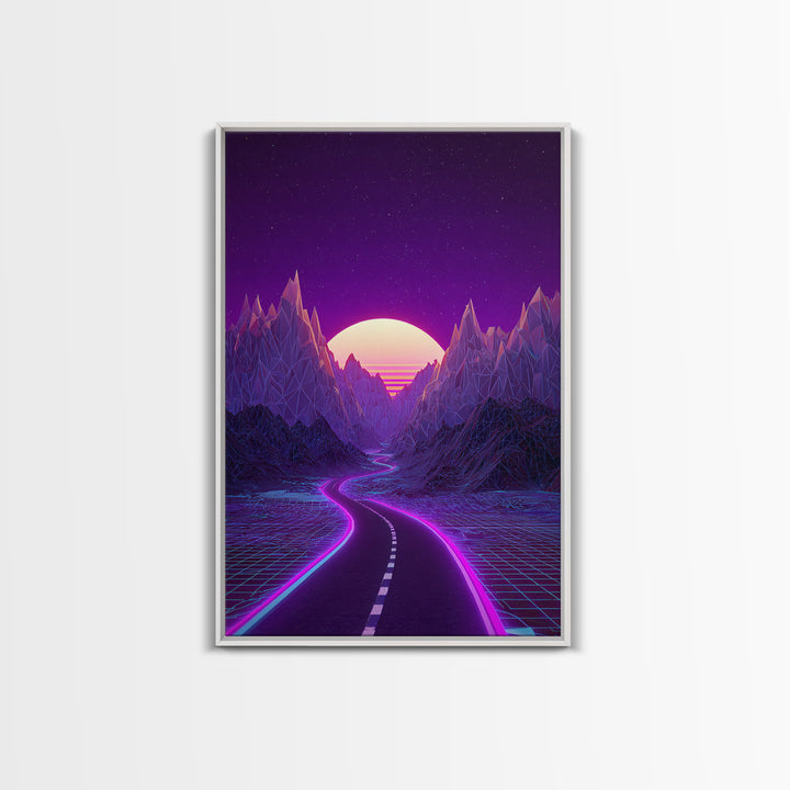 Cyberpunk Cityscape At Night With Purple Neon Lights Reflecting On Water Modern Wall Art Framed Canvas Print For Trendy Decor