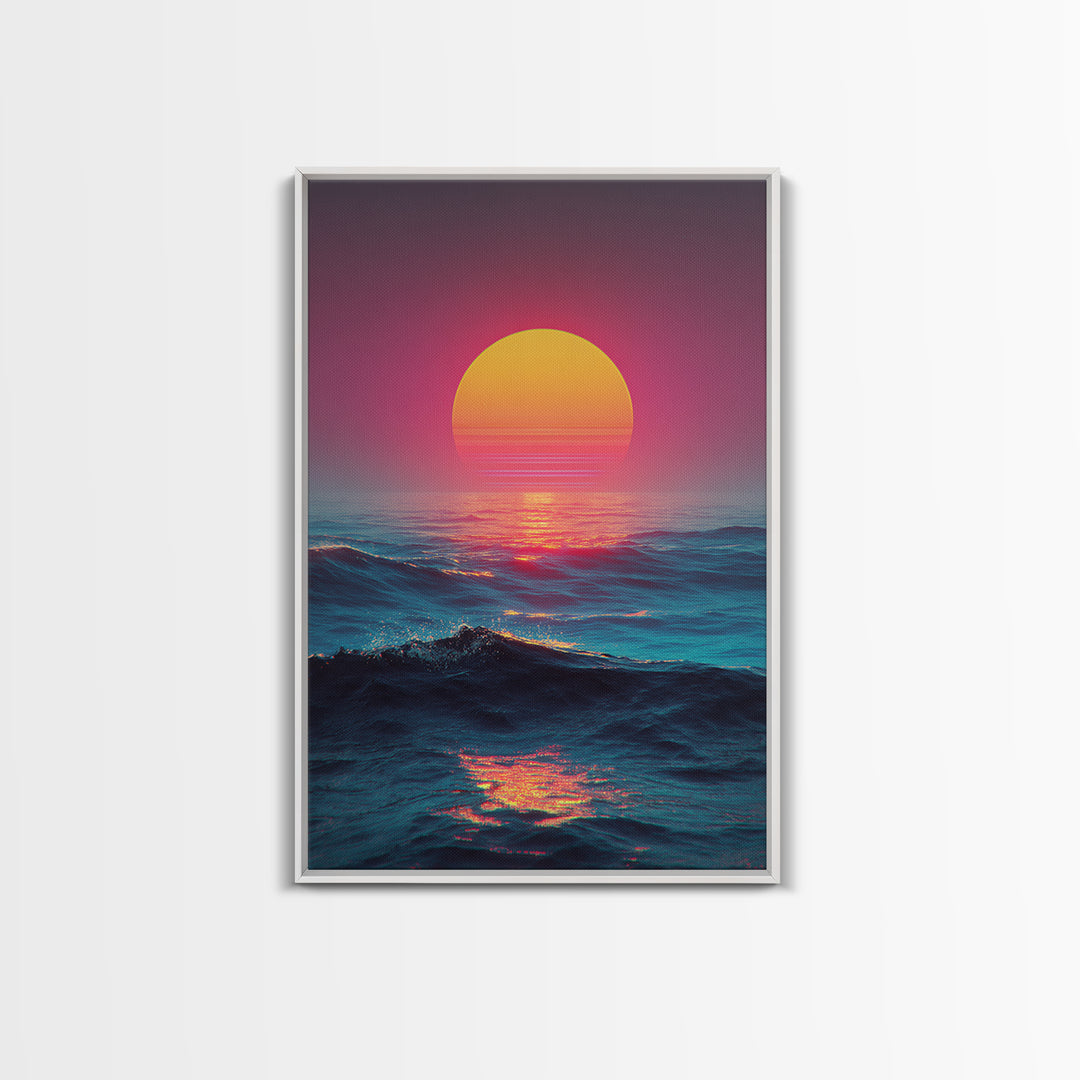 Vibrant Sunset Over Ocean With Pink And Yellow Sun Reflection Canvas Print For Modern Coastal Wall Art Decor