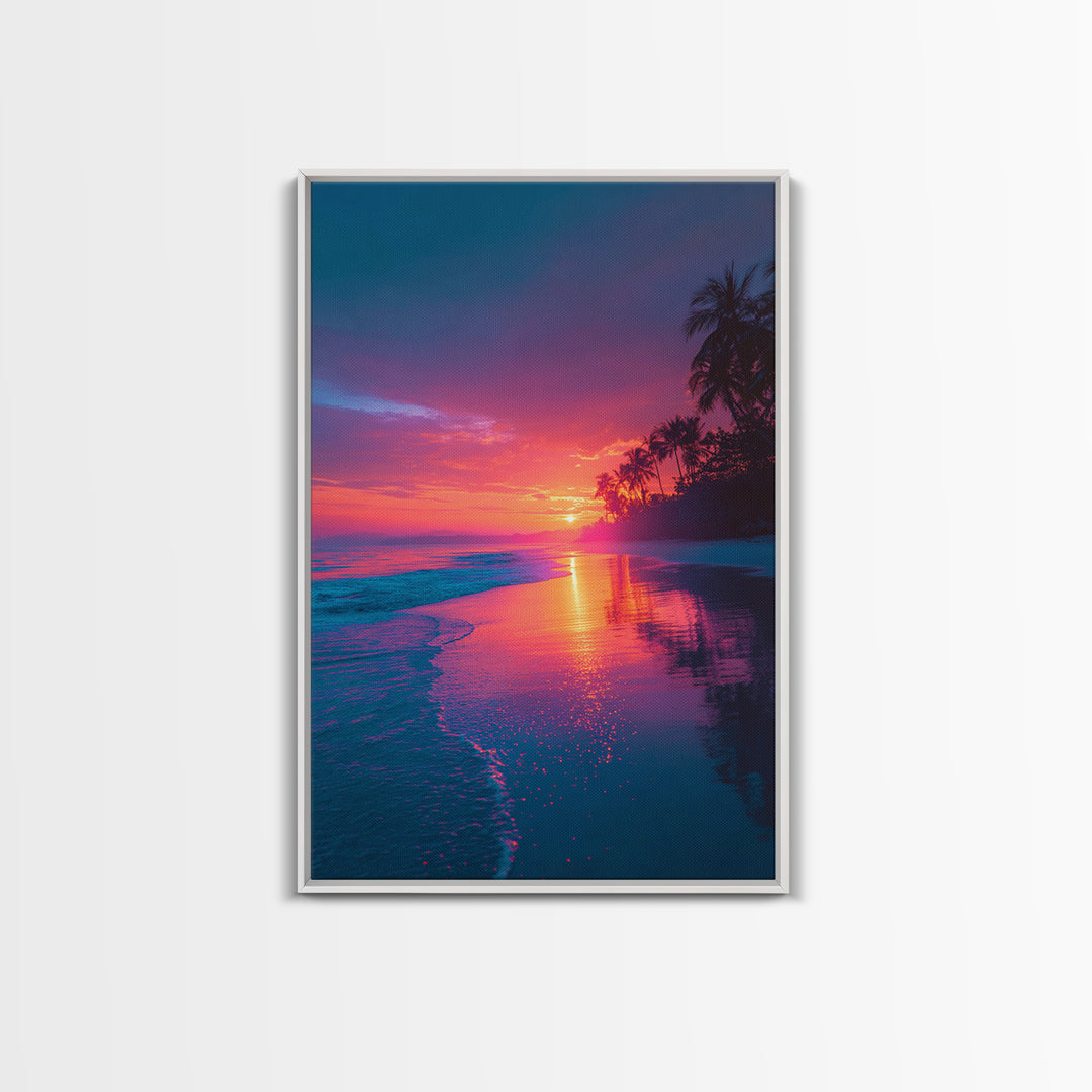 Colorful Tropical Beach Sunset With Palm Trees Vibrant Landscape Wall Art Modern Framed Canvas Print Coastal Home Decor