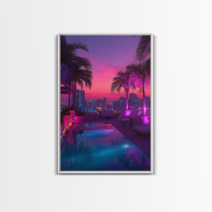 Modern Rooftop Pool Sunset Miami Cityscape Night View Wall Art Canvas Print For Office Living Room Decor