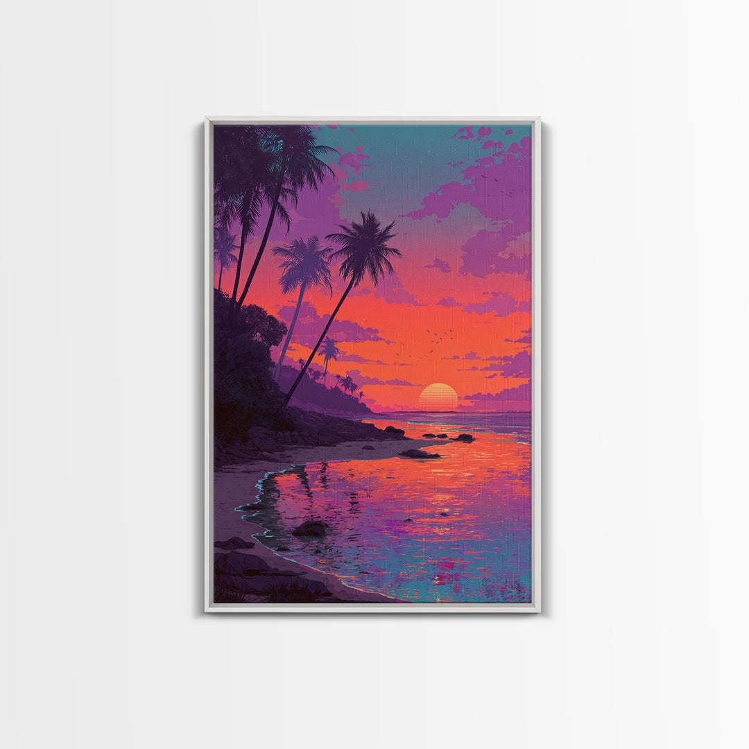Colorful Tropical Sunset Beach With Palm Trees Reflecting In Water Vibrant Wall Art Canvas Print
