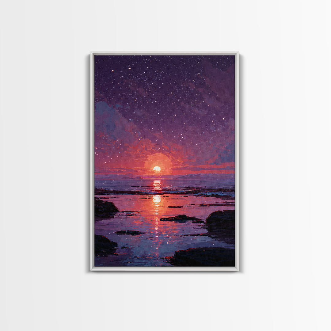 Stunning Starry Night Ocean Sunset Digital Painting Colorful Wall Art Canvas Print Modern Coastal Decor