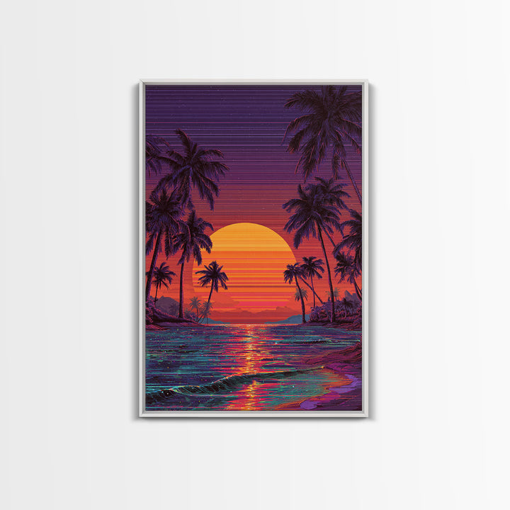 Vibrant Retro Sunset Beach Scene Canvas Print Featuring Palm Trees And Ocean Waves Colorful Coastal Wall Art Home Decor