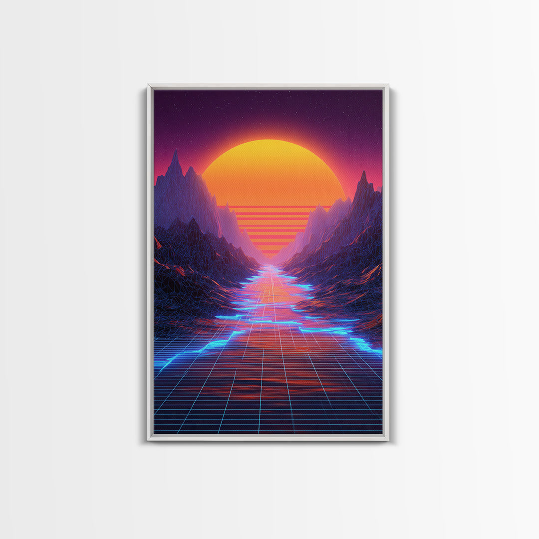 Retro Synthwave Landscape With Neon Grid Road And Large Sun Wall Art Canvas Print For Modern Living Room Decor