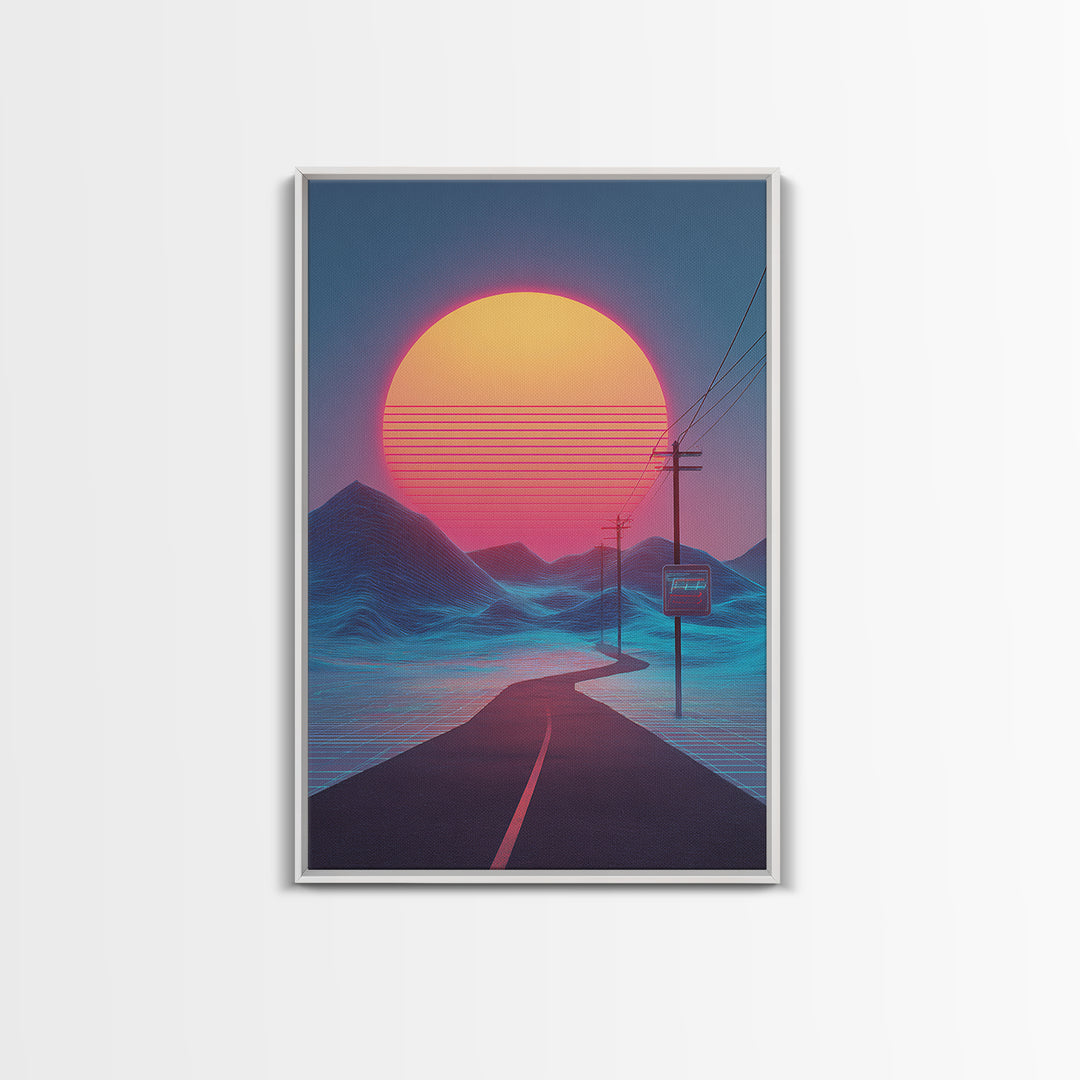 Synthwave Landscape With Electric Colors Neon Sun And Grid Mountains Digital Wall Art Canvas Print