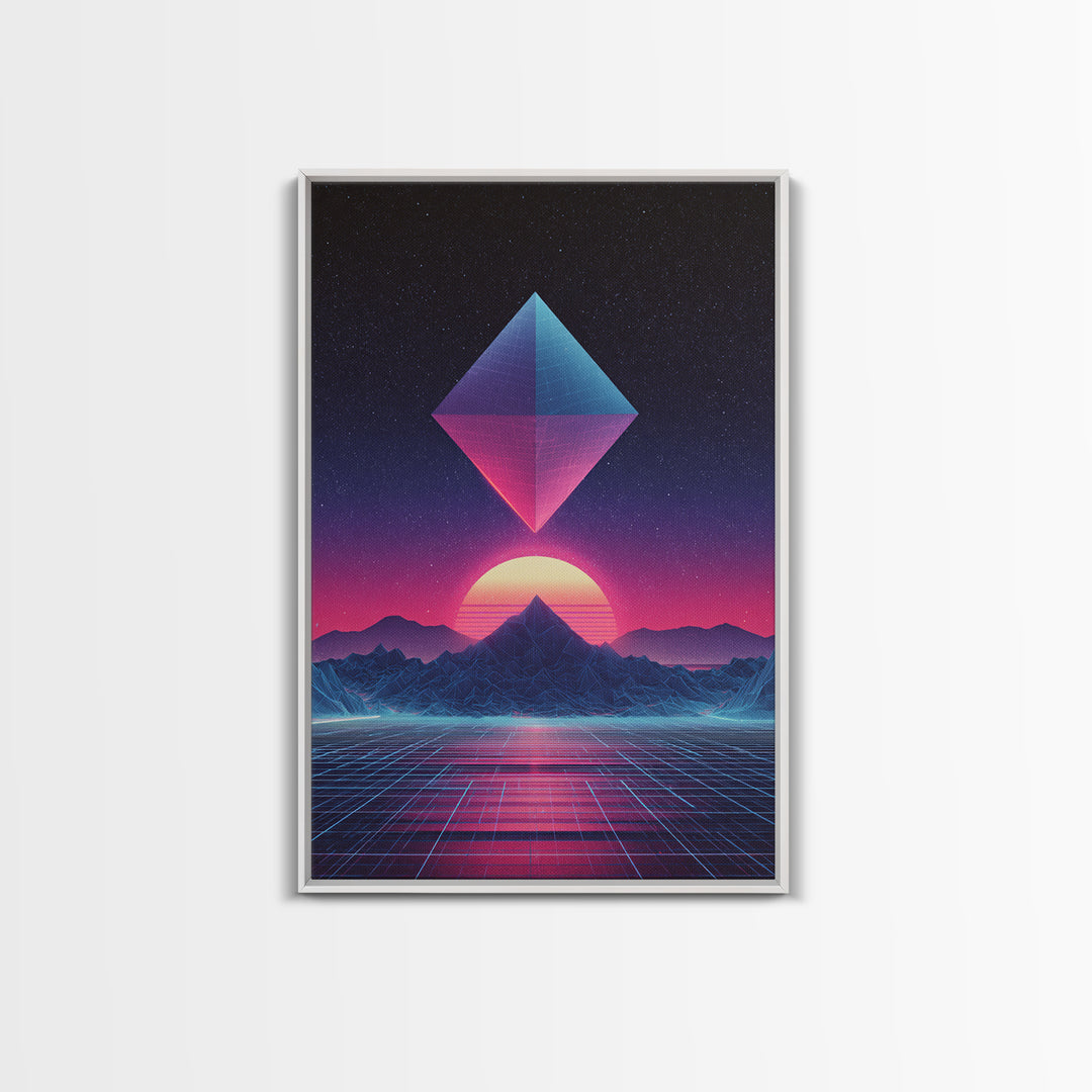 Futuristic Neon Pyramid Sunset Scene Wall Art Featuring Geometric Mountains With A Vibrant Canvas Print