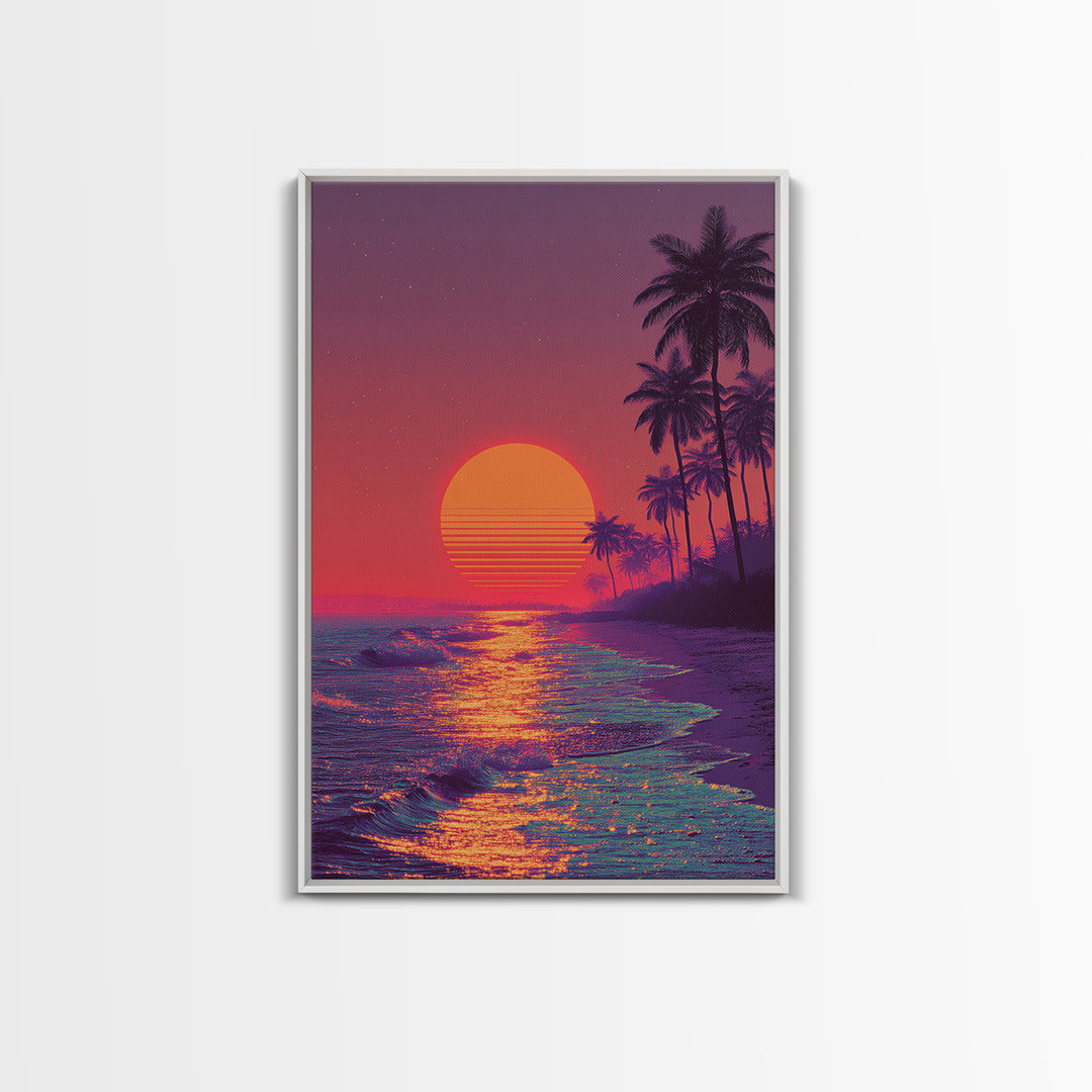 Vibrant Neon Sunset Over Tropical Beach With Palm Trees Wall Art For Modern Home Decor And Living Room Canvas Print