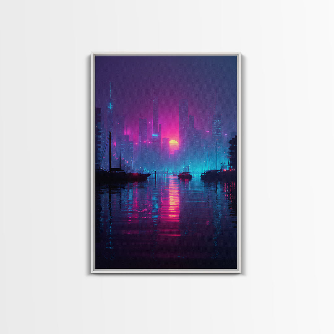 Futuristic Neon Cityscape With Sun Setting Over Harbor Framed Canvas Print For Cyberpunk Wall Art And Modern Home Decor