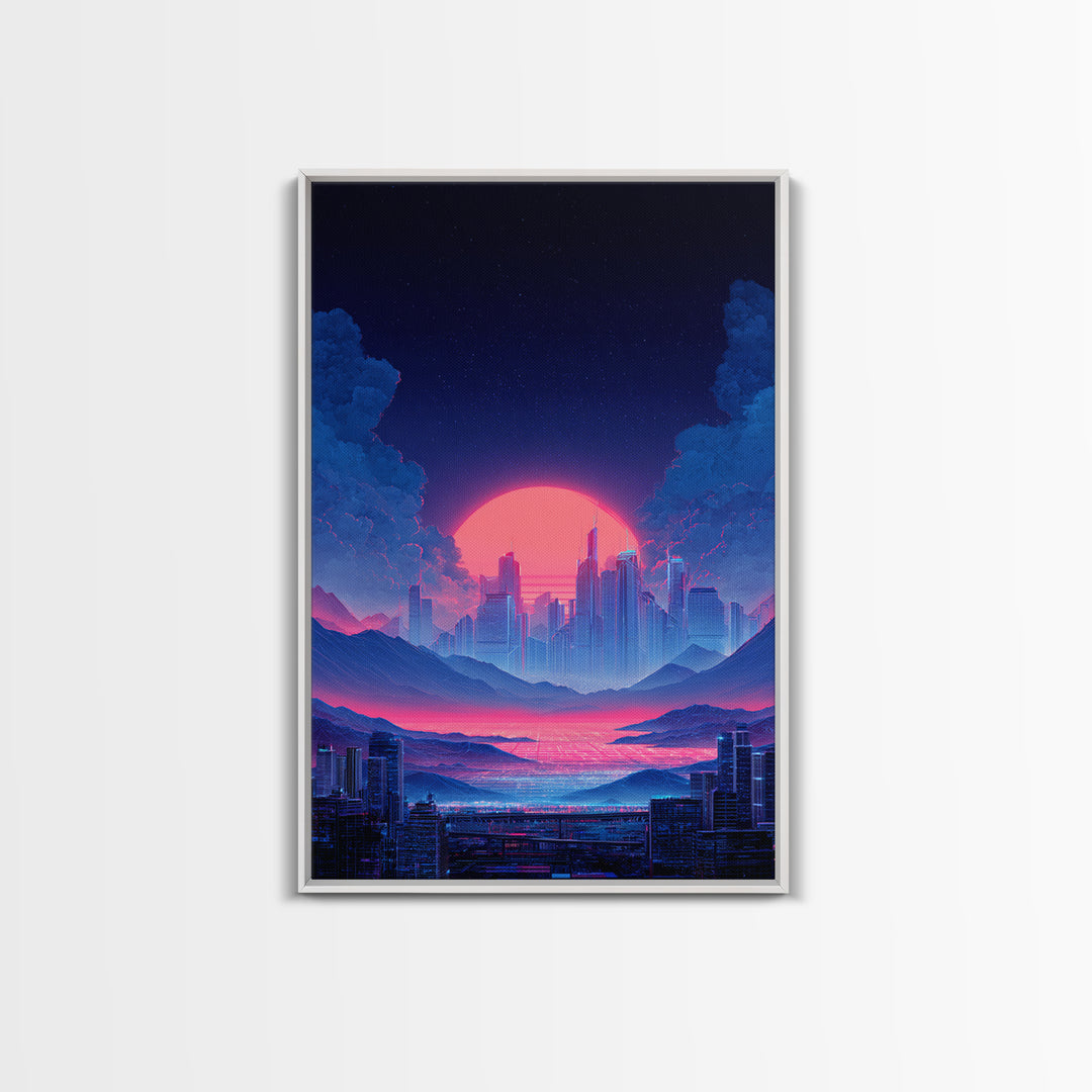 Futuristic Vibrant Neon Cityscape Digital Artwork Cyberpunk Sunset Modern Wall Art Large Framed Canvas Print