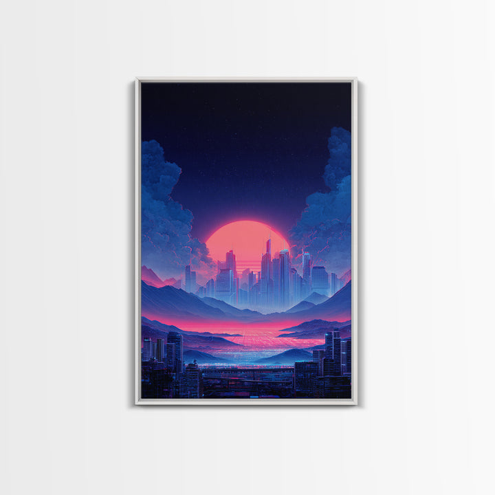 Futuristic Vibrant Neon Cityscape Digital Artwork Cyberpunk Sunset Modern Wall Art Large Framed Canvas Print