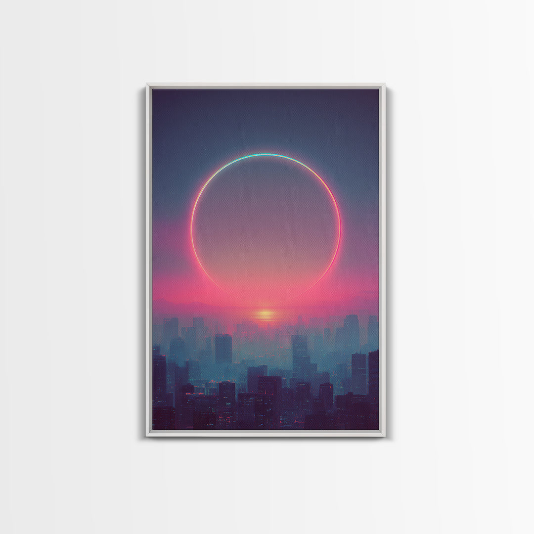 Mystical City Sunset With Crescent Neon Ring Over Buildings Framed Canvas Print For Futuristic Wall Art And Modern Decor