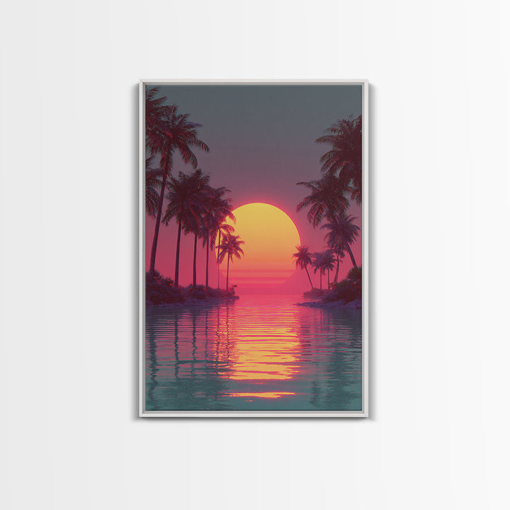 Retro Futuristic Vibrant Palm Trees Sunset With Neon Pink Sky Canvas Print Tropical Wall Art Coastal Decor Modern Wall Art