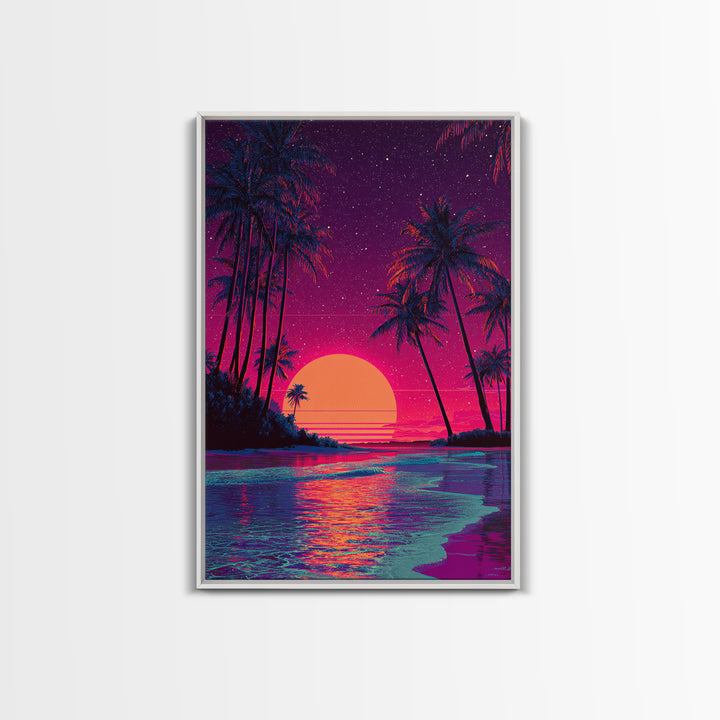 Retro Tropical Sunset With Palm Trees And Starry Sky Wall Art Canvas Print For Boho And Coastal Bedroom Decor