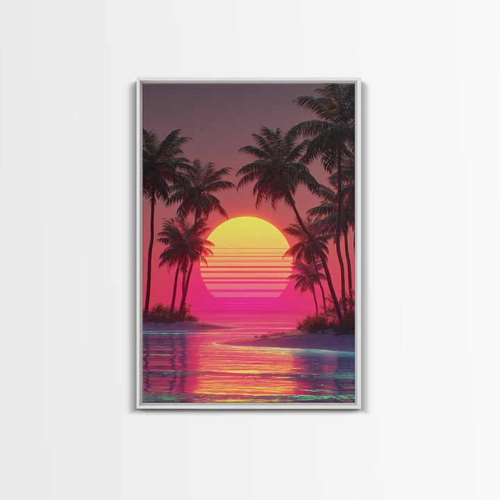 Dreamy Pink Sunset Tropical Island Palm Trees Calm Water Canvas Print Wall Art For Coastal Home Decor