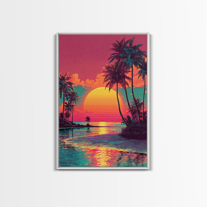 Vibrant Sunset Tropical Landscape With Palm Trees And Ocean View - Framed Canvas Print Coastal Wall Art For Home Decor