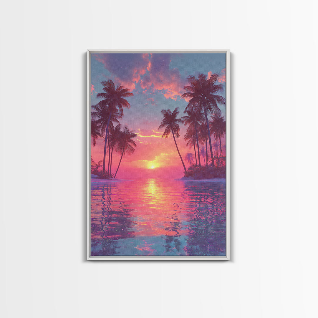 Tropical Sunset Palm Trees Over Water Vibrant Pink And Orange Sky Canvas Print For Modern Wall Art And Home Decor