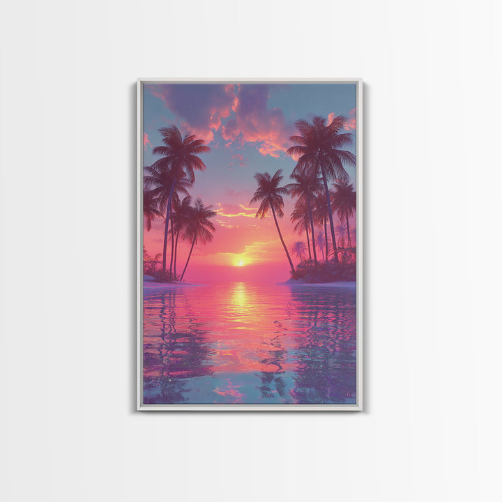 Tropical Sunset Palm Trees Over Water Vibrant Pink And Orange Sky Canvas Print For Modern Wall Art And Home Decor