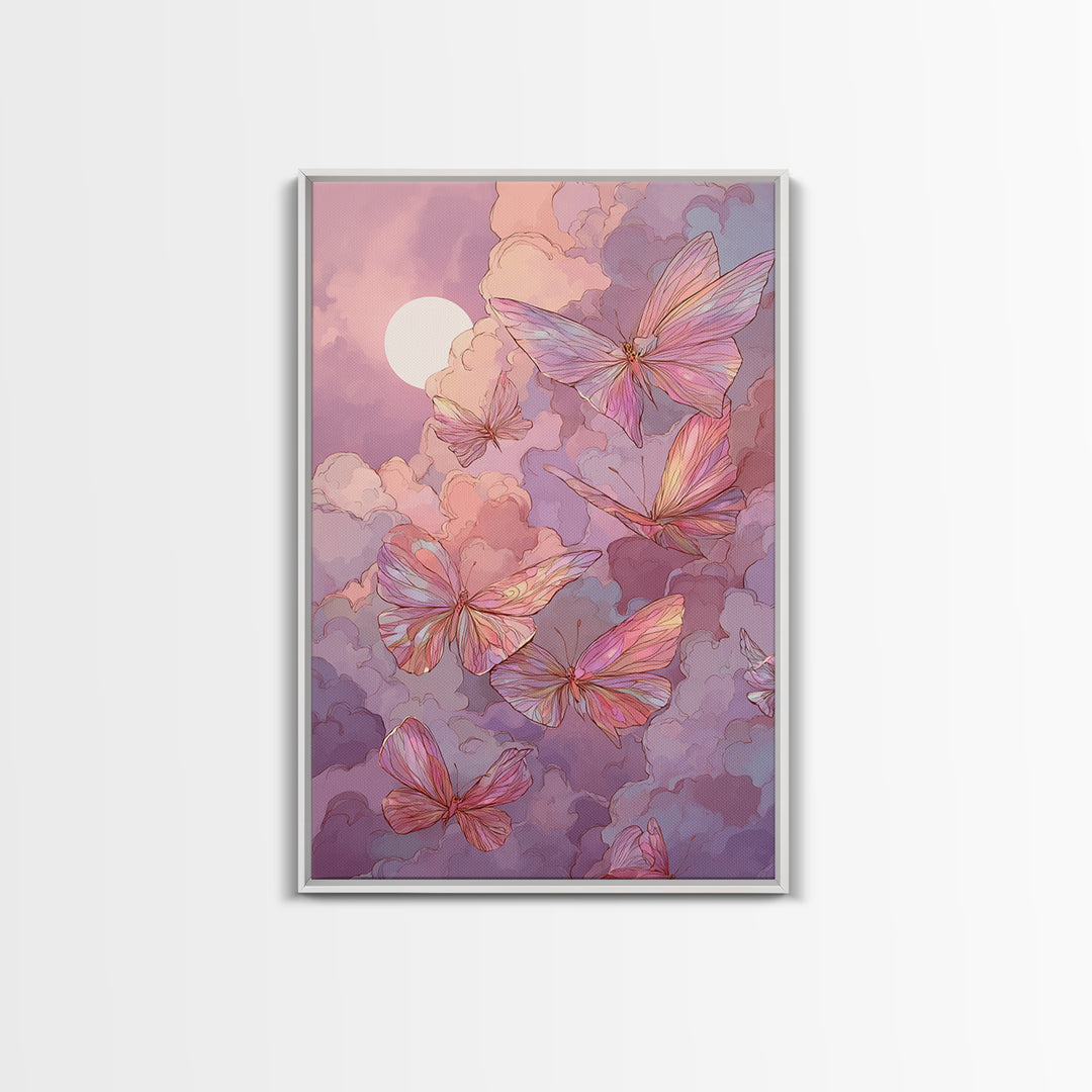 Pink Butterfly Moonlit Clouds Wall Art, Whimsical Nursery Decor, Celestial Art Print, Pastel Girls Room Decor, Gift For Her