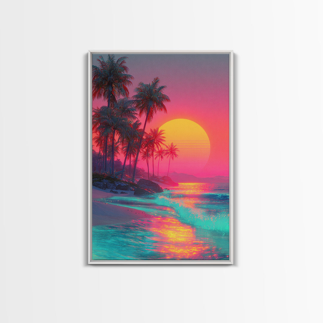 Tropical Beach With Palm Trees And Vibrant Sunset Reflections Large Framed Canvas Print Wall Art