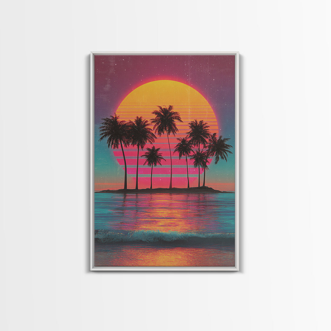 Retro Sunset With Palm Trees Against Gradient Sky Vibrant Framed Canvas Print For Tropical Wall Art And Home Decor