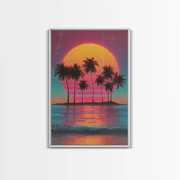Retro Sunset With Palm Trees Against Gradient Sky Vibrant Framed Canvas Print For Tropical Wall Art And Home Decor