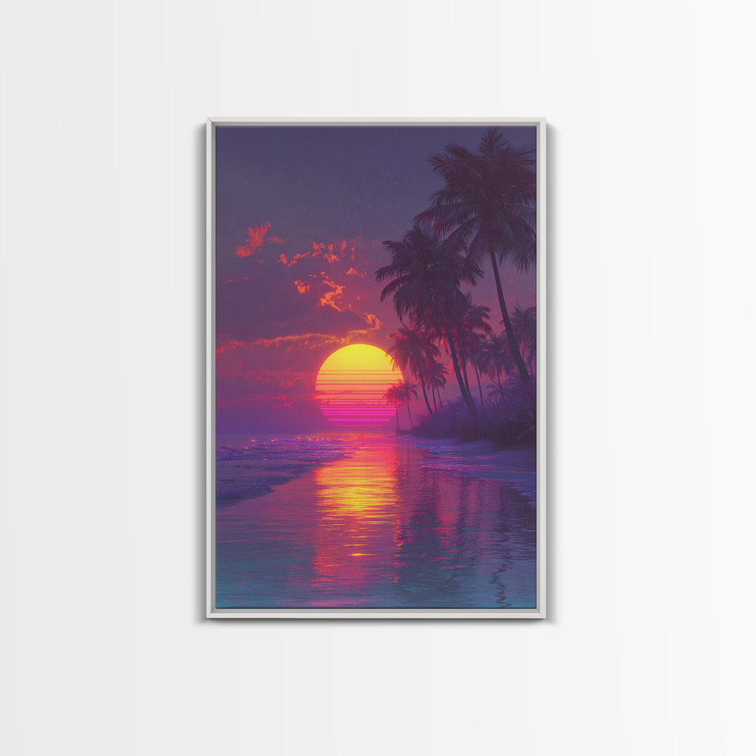 Neon Retro Sports Car At Night With Palm Trees Vibrant Cityscape Large Wall Art Framed Canvas Print Modern Decor