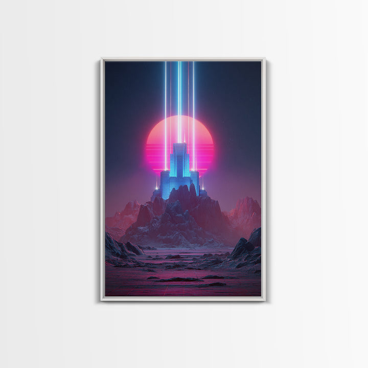 Retro Futuristic Neon Cityscape Digital Art Modern Wall Art Framed Canvas Print For Home Decor