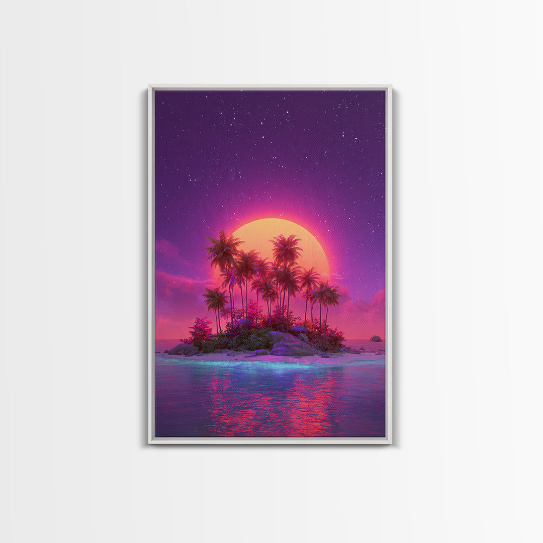 Neon Sunset Tropical Island With Palm Trees Canvas Print Vibrant Wall Art For Coastal Decor And Trendy Home Decor