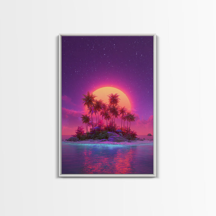 Neon Sunset Tropical Island With Palm Trees Canvas Print Vibrant Wall Art For Coastal Decor And Trendy Home Decor