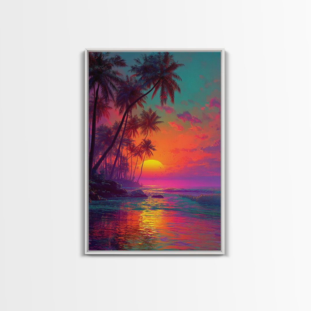 Vibrant Tropical Sunset With Palm Trees Over Ocean Framed Canvas Print Perfect For Coastal Home Decor