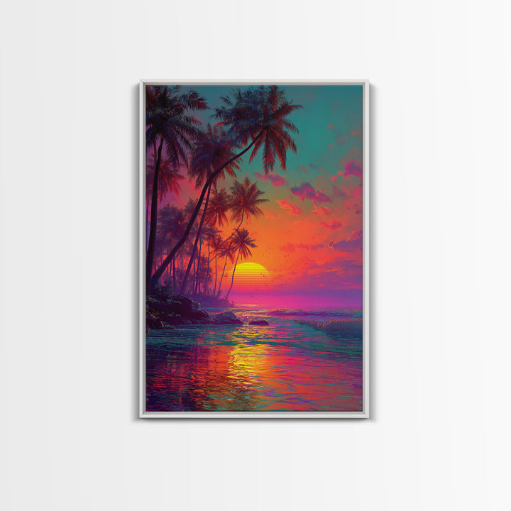 Vibrant Tropical Sunset With Palm Trees Over Ocean Framed Canvas Print Perfect For Coastal Home Decor