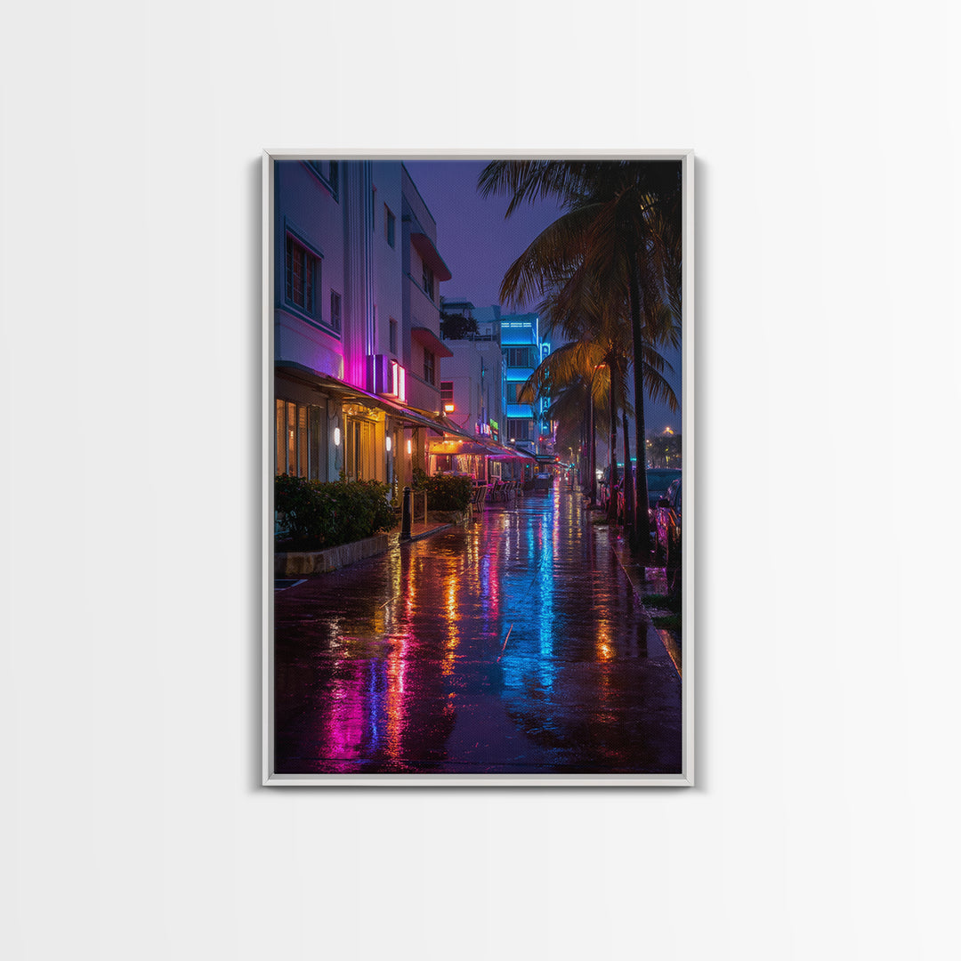 Vibrant Neon Miami Street Nightscape With Palm Trees Digital Wall Art Canvas Print For Chic Living Room Home Decor