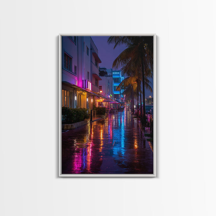 Vibrant Neon Miami Street Nightscape With Palm Trees Digital Wall Art Canvas Print For Chic Living Room Home Decor