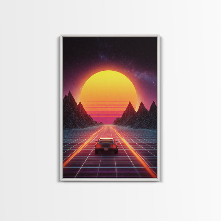 Vibrant Retro Futuristic Road Landscape Canvas Print With Neon Sunset And Car Driving Through Digital Mountains