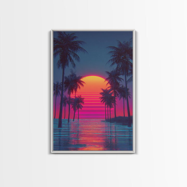 Sunset Over Tropical Beach With Palm Trees Vibrant Coastal Wall Art Canvas Print