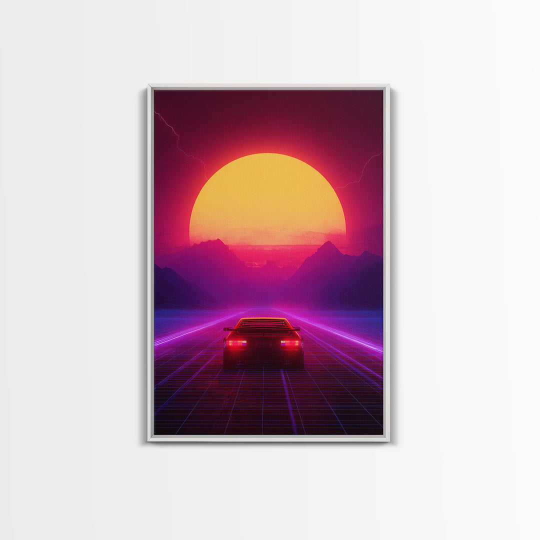 Synthwave Retro Neon Landscape With Sports Car And Palm Trees Under Glowing Sunset Canvas Print For Vaporwave Wall Art And Modern Decor