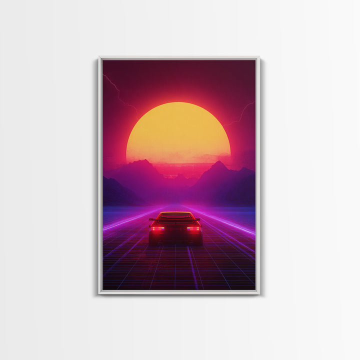 Synthwave Retro Neon Landscape With Sports Car And Palm Trees Under Glowing Sunset Canvas Print For Vaporwave Wall Art And Modern Decor