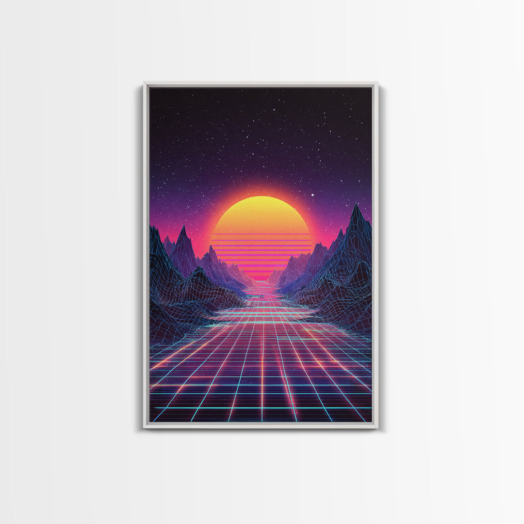 Retro Neon Landscape With Glowing Sun And Grid River Abstract Digital Wall Art Canvas Print For Modern Room