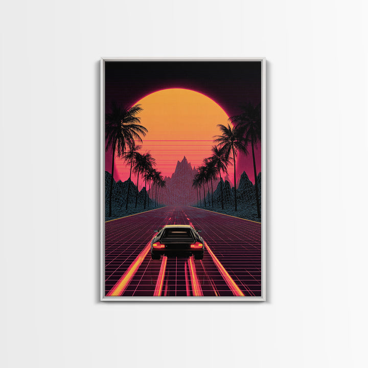 Retro Futuristic Neon Sunset Road With Laser Grid And Sports Car Canvas Print For Modern Wall Art Cyberpunk Decor And Gaming Room Decor