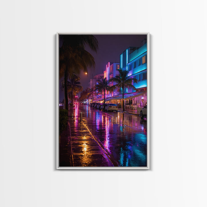 Neon City Street Rain Reflection Wall Art Vibrant Urban Nightscape Canvas Print For Modern Home Decor